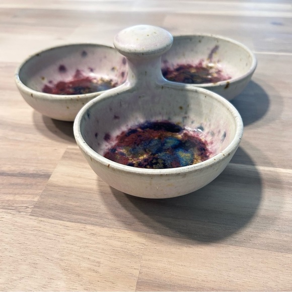 Handmade Studio Pottery Triple Bowl Dish – Abstract Glaze, Unique Serveware - Picture 7 of 12